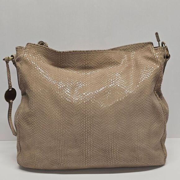 Margot New York Snakeskin Textured Tan Suede Leather Boho Shoulder Hobo Bag - Picture 2 of 9